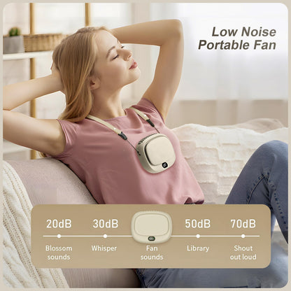 Portable Neck Fan with 5 Speeds – Rechargeable USB Mini Fan for Outdoor Travel, Work & Camping – Silent Personal Cooling Fan (Beige) - Image 3