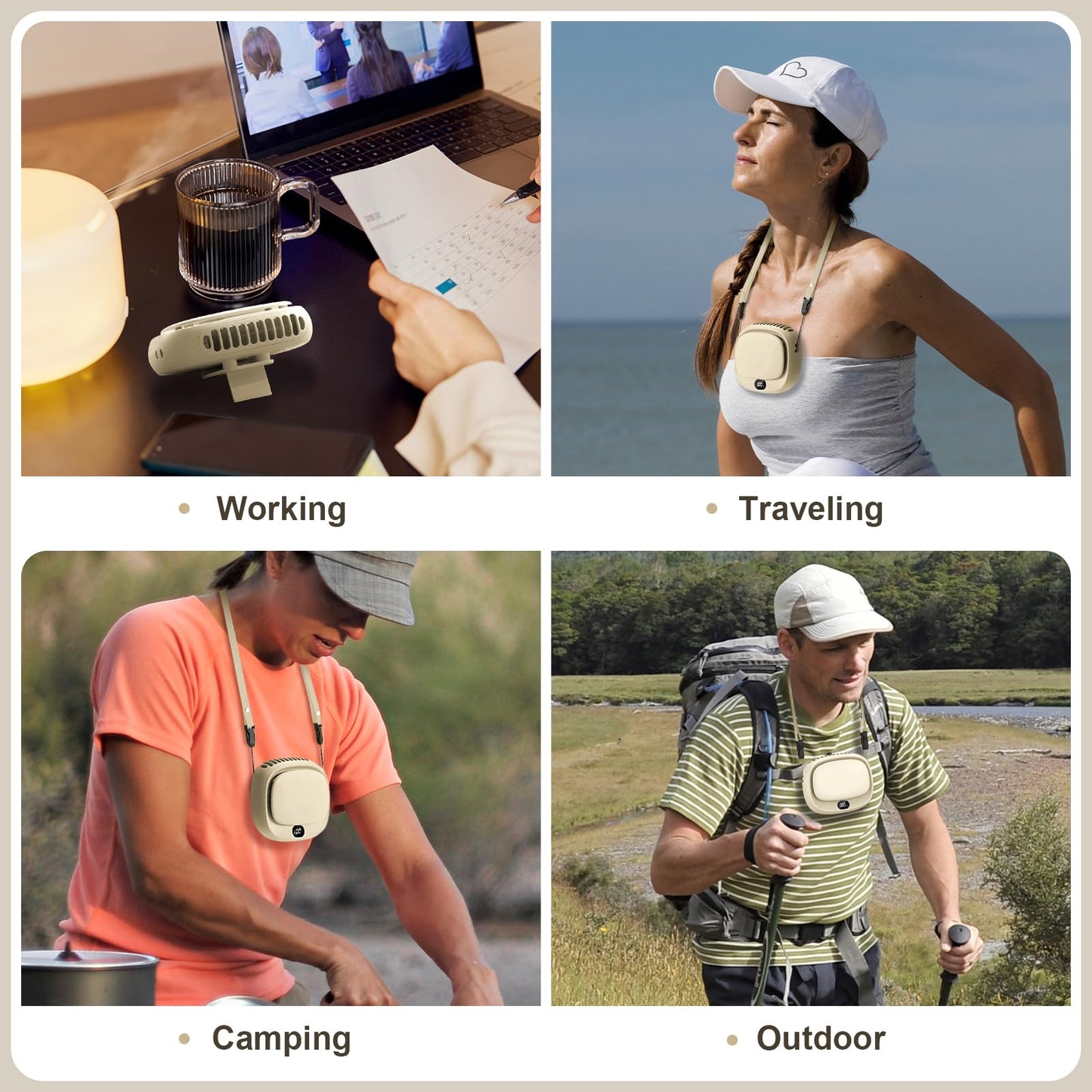 Portable Neck Fan with 5 Speeds – Rechargeable USB Mini Fan for Outdoor Travel, Work & Camping – Silent Personal Cooling Fan (Beige) - Image 5