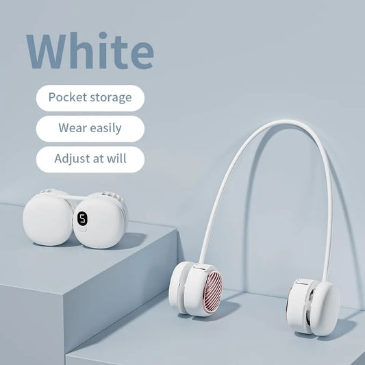 Portable Neck Fan with 5-Speed Adjustable Cooling – Lightweight Rechargeable Bladeless Fan for Travel, Outdoor, Gym, Office Use – Ultra-Quiet & Foldable (White) - Image 2
