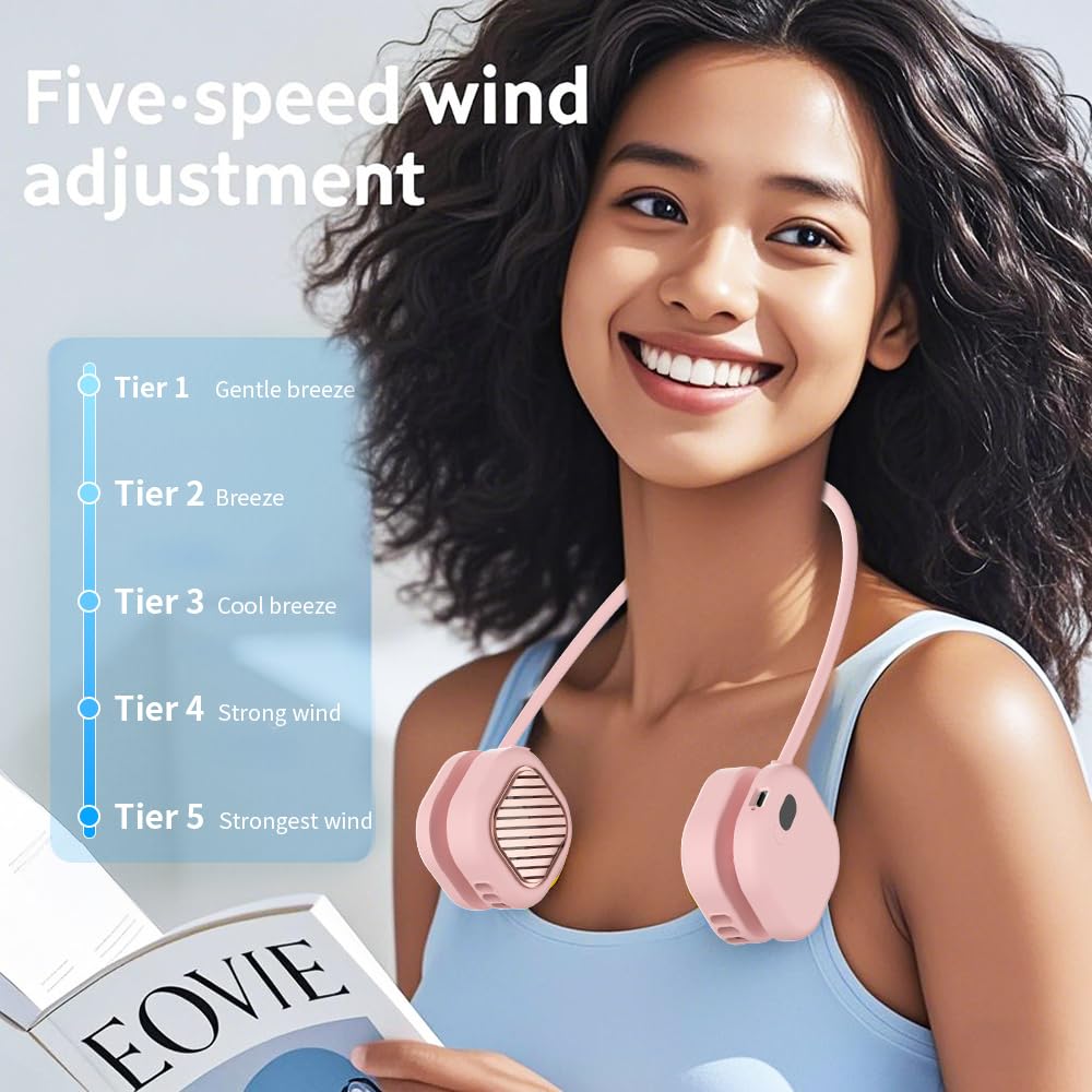 Portable Neck Fan with 5-Speed Adjustable Cooling – Lightweight Rechargeable Bladeless Fan for Travel, Outdoor, Gym, Office Use – Ultra-Quiet & Foldable (Pink) - Image 8
