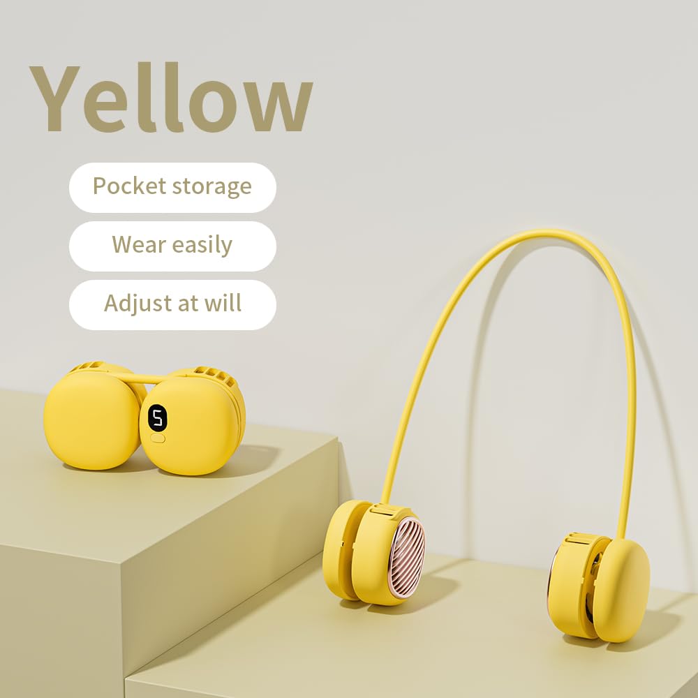 Portable Neck Fan with 5-Speed Adjustable Cooling – Lightweight Rechargeable Bladeless Fan for Travel, Outdoor, Gym, Office Use – Ultra-Quiet & Foldable (Yellow) - Image 2