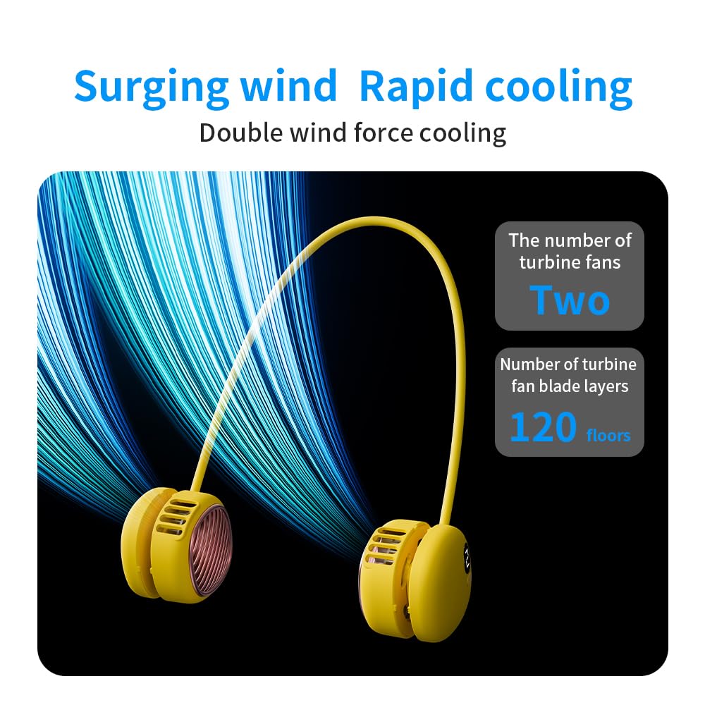 Portable Neck Fan with 5-Speed Adjustable Cooling – Lightweight Rechargeable Bladeless Fan for Travel, Outdoor, Gym, Office Use – Ultra-Quiet & Foldable (Yellow) - Image 6