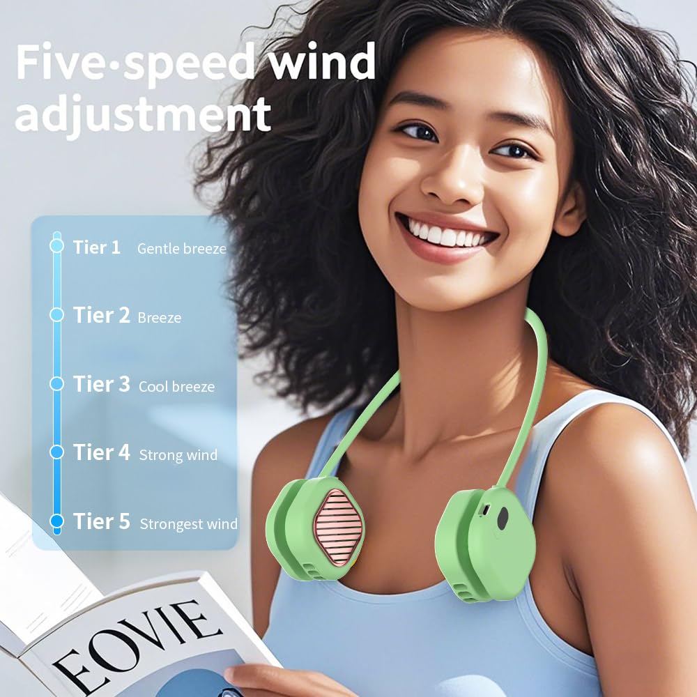 Portable Neck Fan with 5-Speed Adjustable Cooling – Lightweight Rechargeable Bladeless Fan for Travel, Outdoor, Gym, Office Use – Ultra-Quiet & Foldable (Green) - Image 7