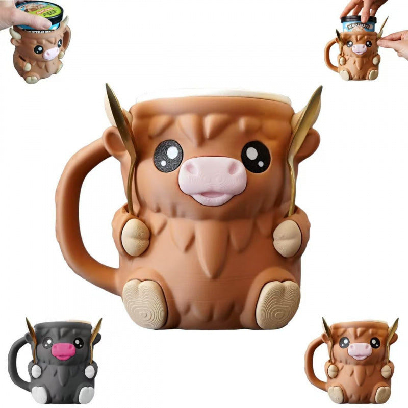 Modern Highland Cow Ice Pint Holder – Fun Animal Mug with Secret Snack Drawer, Lid Holders, and Wide Opening(Black) - Image 2