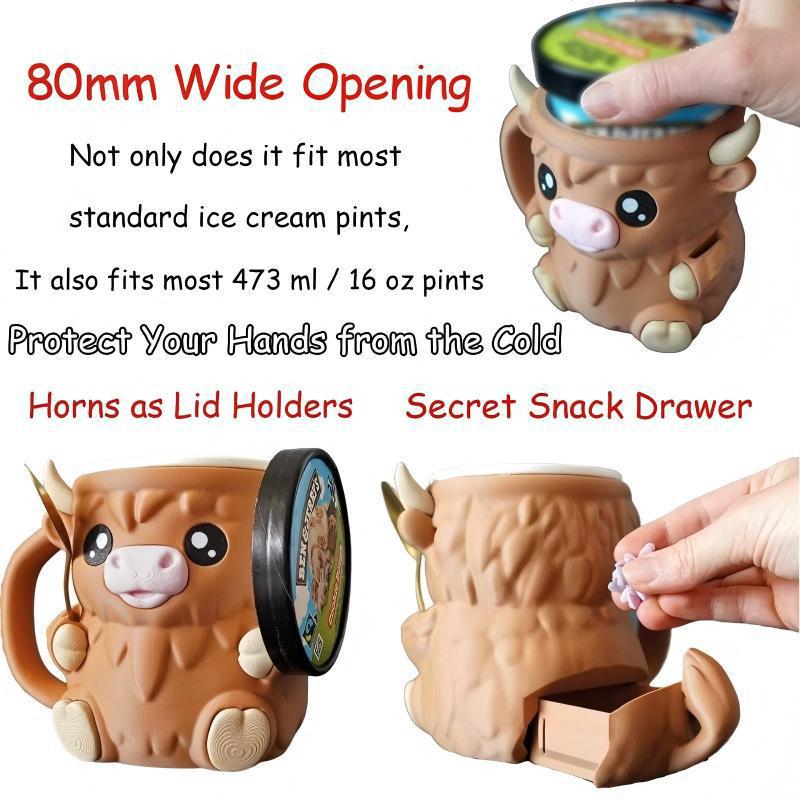 Modern Highland Cow Ice Pint Holder – Fun Animal Mug with Secret Snack Drawer, Lid Holders, and Wide Opening(Black) - Image 5