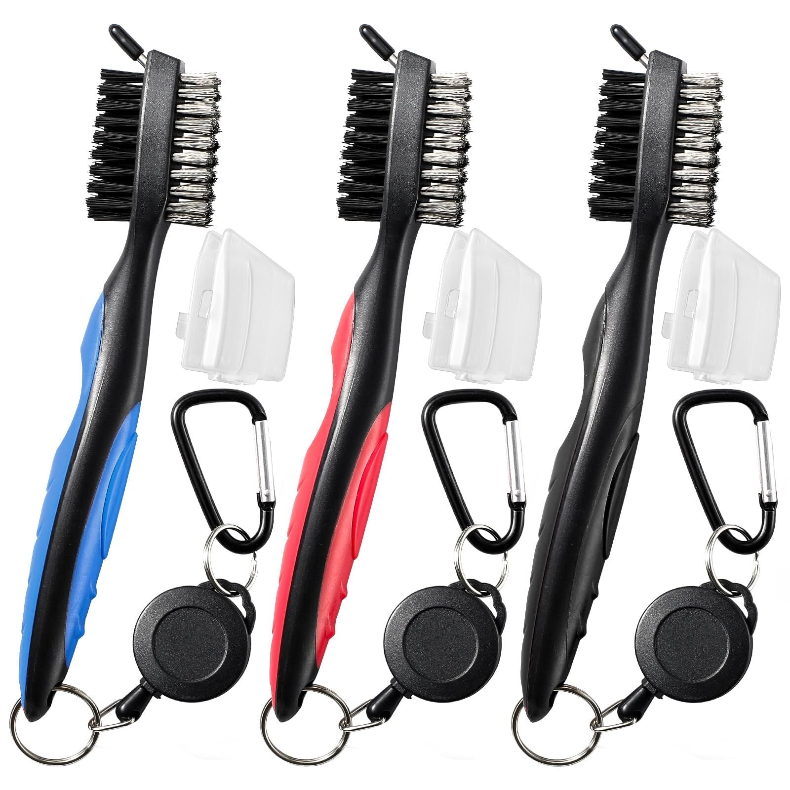 Golf Club Cleaning Brush Set with Retractable Zip Line – 3-Pack Dual-Sided Brush for Deep Groove Cleaning (Blue)