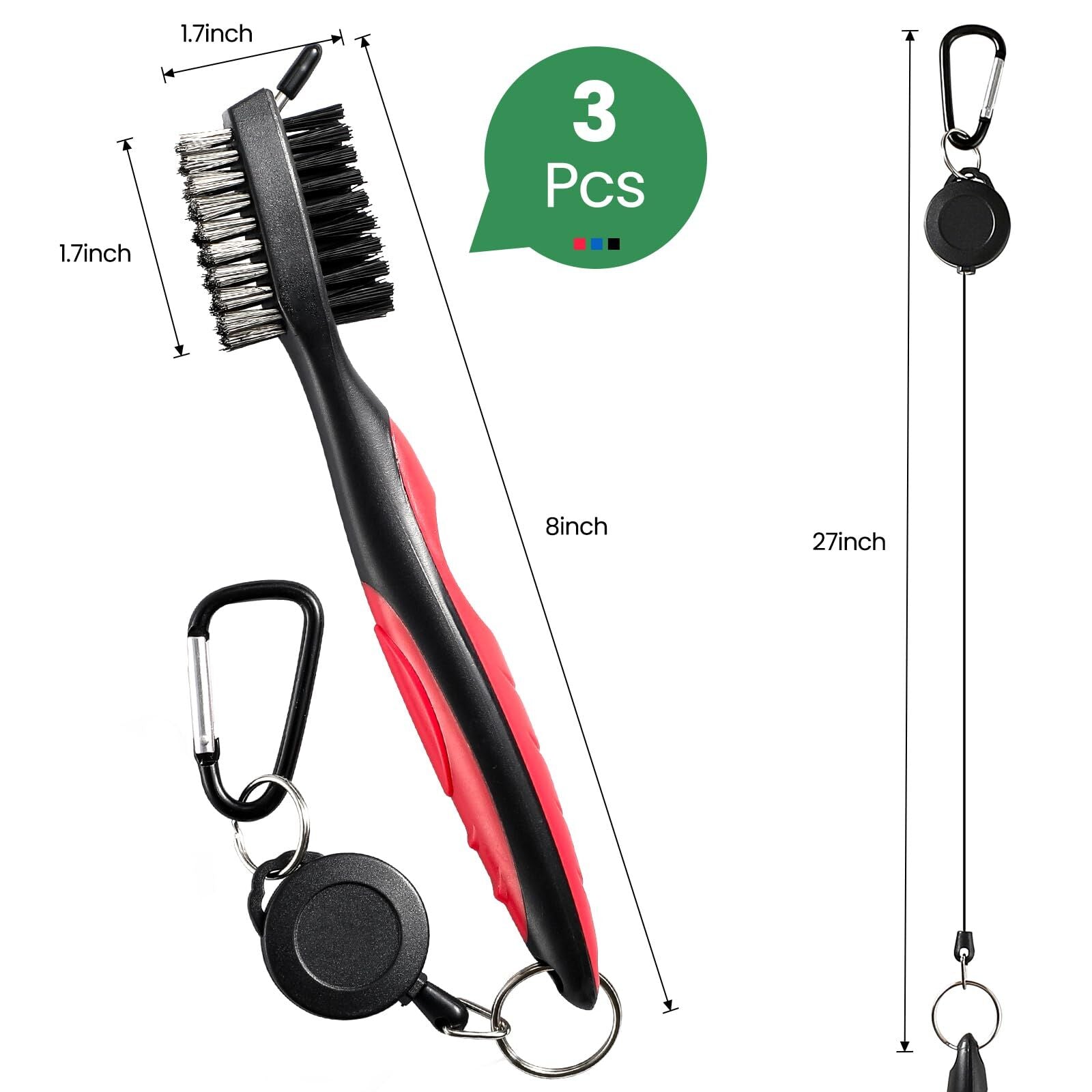 Golf Club Cleaning Brush Set with Retractable Zip Line – 3-Pack Dual-Sided Brush for Deep Groove Cleaning (Blue) - Image 2