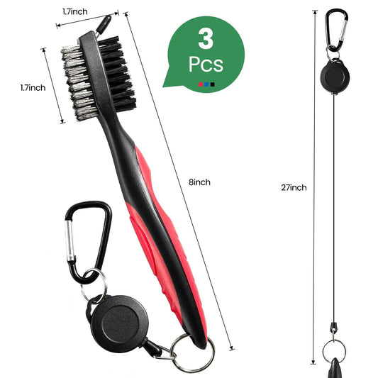 Golf Club Cleaning Brush Set with Retractable Zip Line – 3-Pack Dual-Sided Brush for Deep Groove Cleaning (Blue) - Image 2