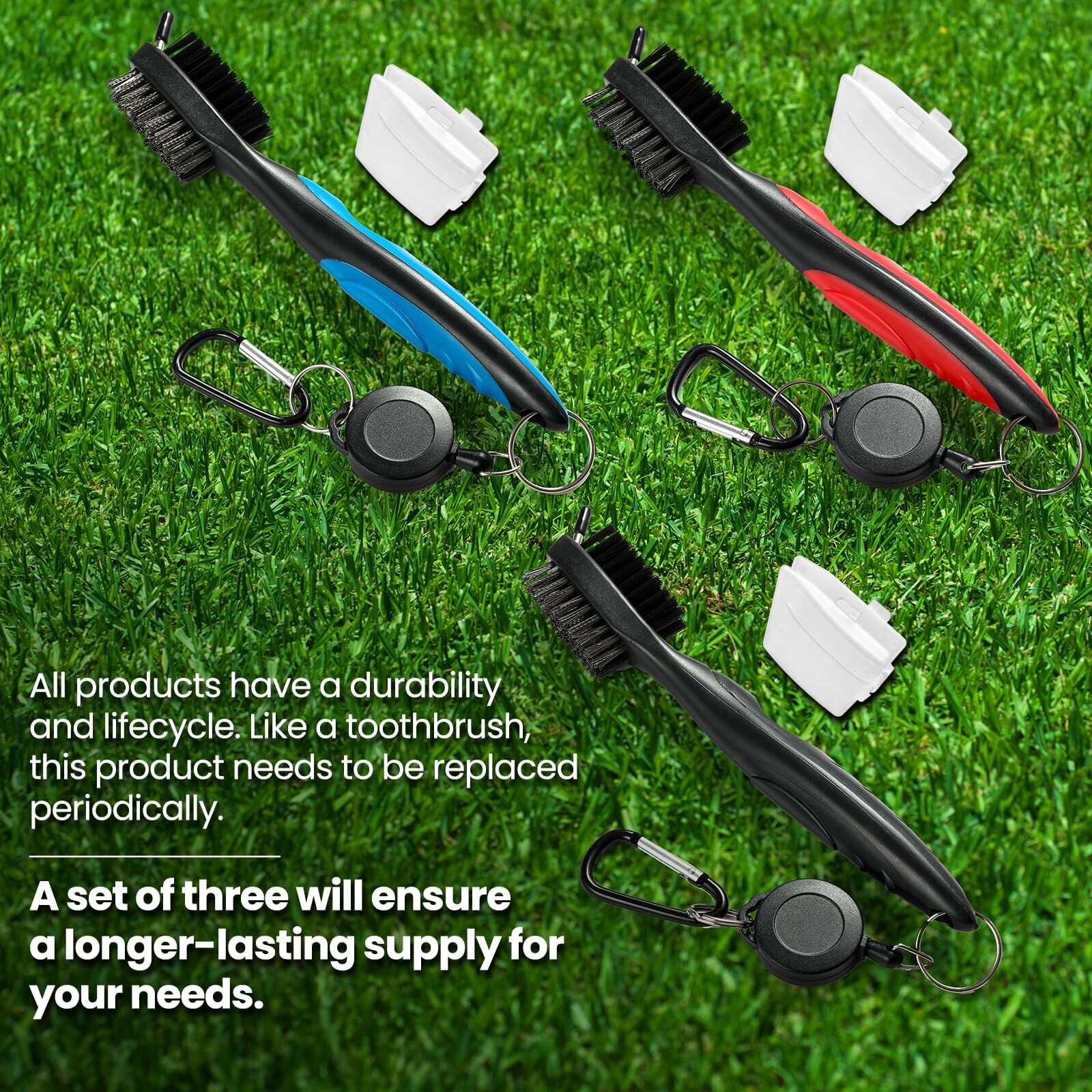 Golf Club Cleaning Brush Set with Retractable Zip Line – 3-Pack Dual-Sided Brush for Deep Groove Cleaning (Blue) - Image 3