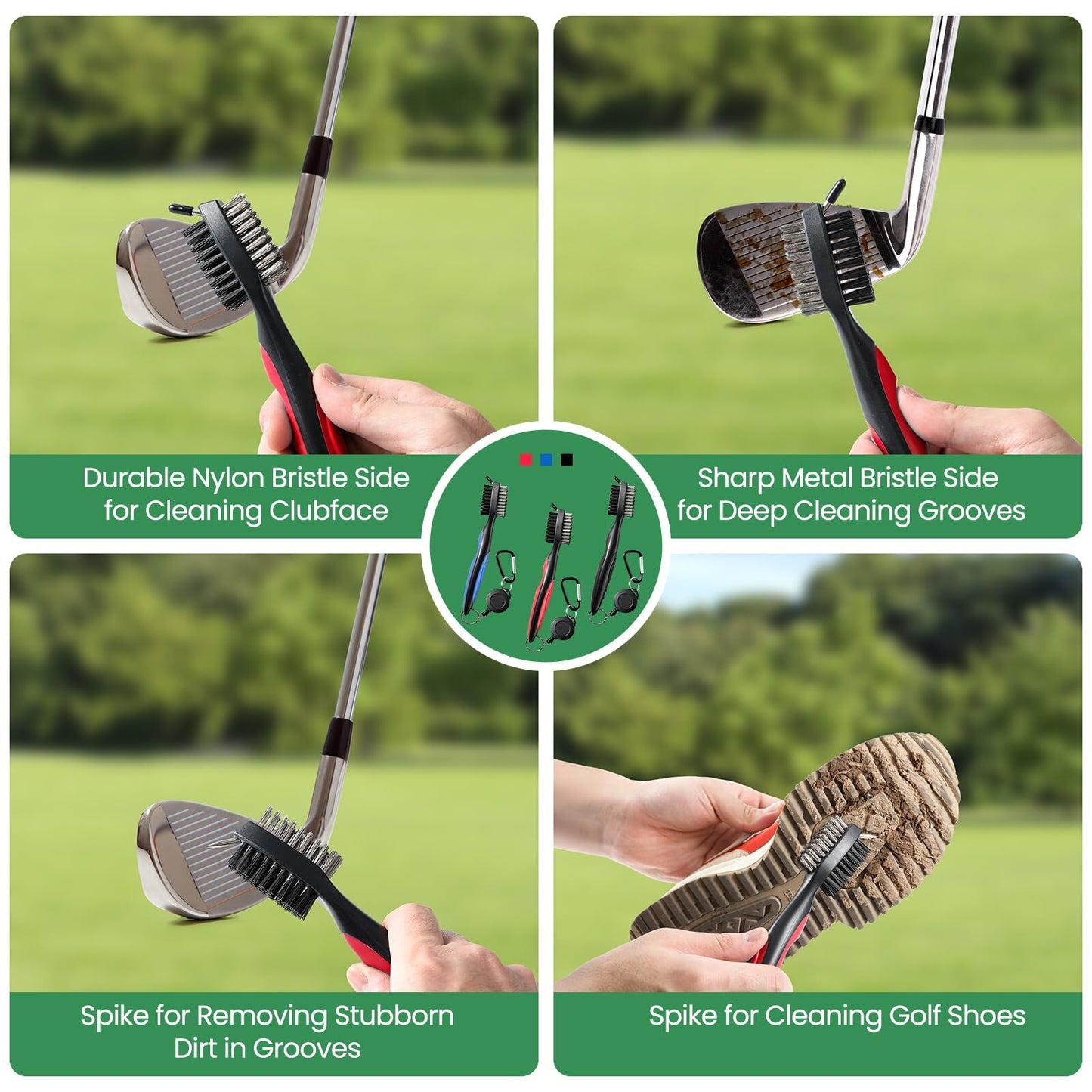 Golf Club Cleaning Brush Set with Retractable Zip Line – 3-Pack Dual-Sided Brush for Deep Groove Cleaning (Blue) - Image 5