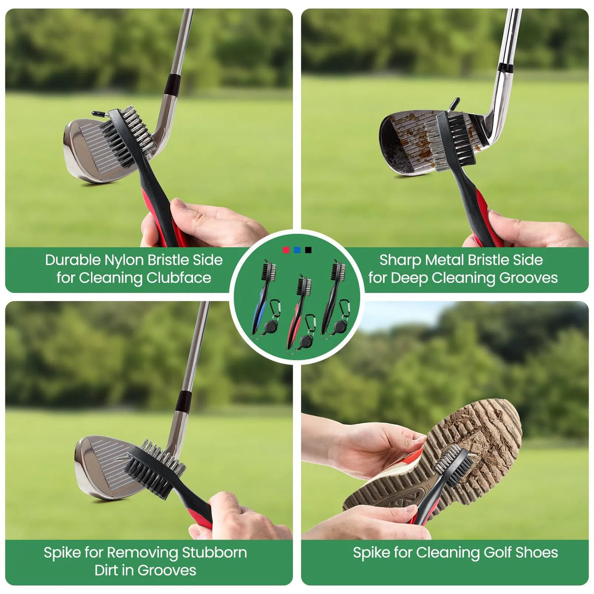 Golf Club Cleaning Brush Set with Retractable Zip Line – 3-Pack Dual-Sided Brush for Deep Groove Cleaning (Blue) - Image 5