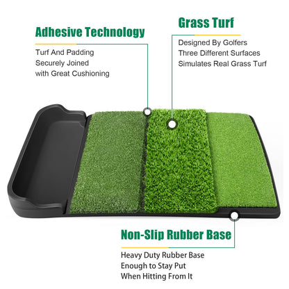 Foldable 4-in-1 Golf Practice Mat with Ball Tray – 24.5x17in Tri-Turf Hitting Pad for Indoor & Outdoor Training, Includes 8 Balls & 9 Tees (Green) - Image 2