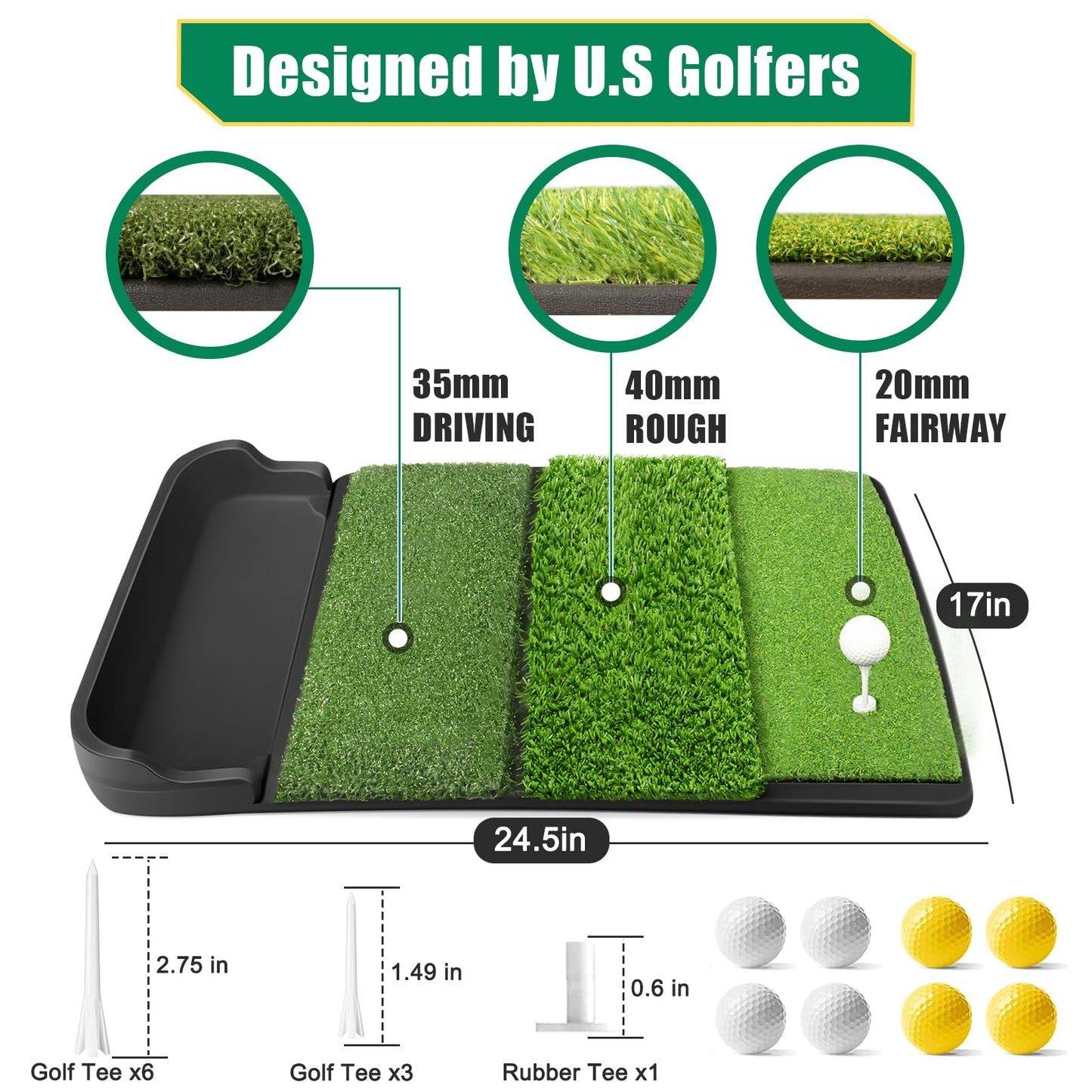 Foldable 4-in-1 Golf Practice Mat with Ball Tray – 24.5x17in Tri-Turf Hitting Pad for Indoor & Outdoor Training, Includes 8 Balls & 9 Tees (Green) - Image 3