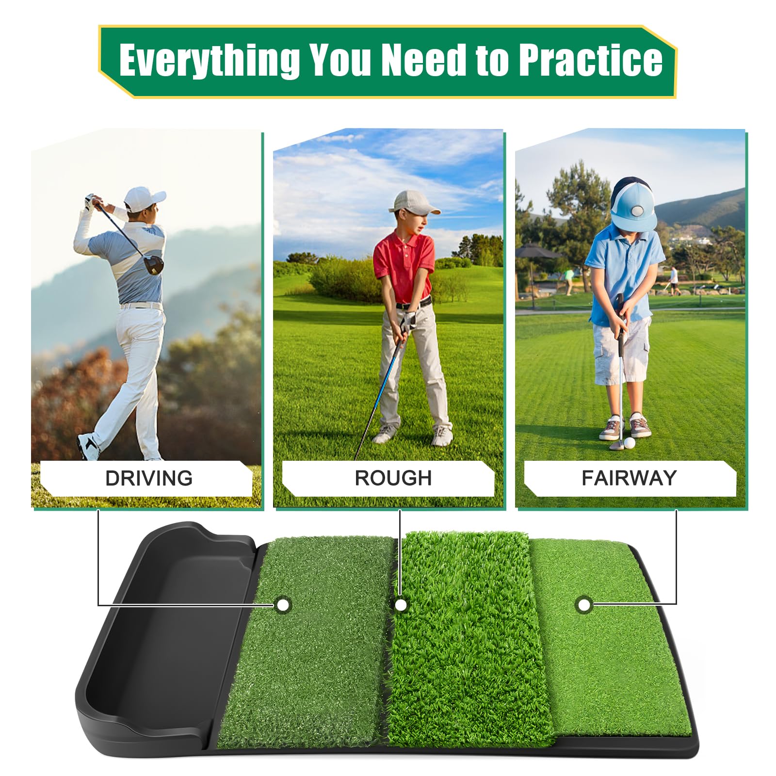 Foldable 4-in-1 Golf Practice Mat with Ball Tray – 24.5x17in Tri-Turf Hitting Pad for Indoor & Outdoor Training, Includes 8 Balls & 9 Tees (Green) - Image 4