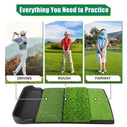Foldable 4-in-1 Golf Practice Mat with Ball Tray – 24.5x17in Tri-Turf Hitting Pad for Indoor & Outdoor Training, Includes 8 Balls & 9 Tees (Green) - Image 4