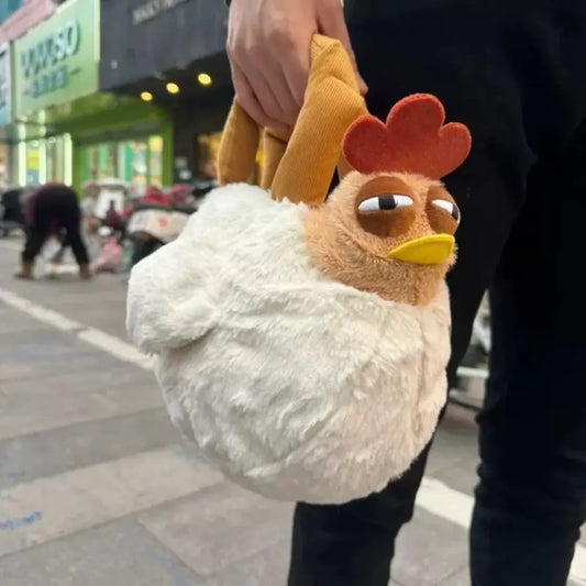 Cute Chicken Plush Handbag – White & Brown Kawaii Animal Tote for Girls & Women | Fun Gift Idea - Image 2