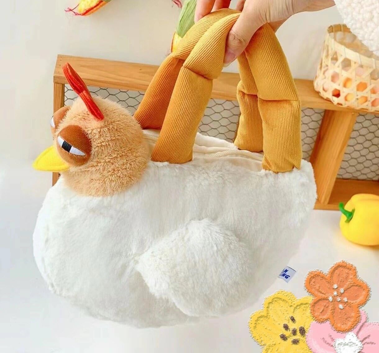 Cute Chicken Plush Handbag – White & Brown Kawaii Animal Tote for Girls & Women | Fun Gift Idea - Image 4