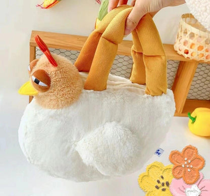 Cute Chicken Plush Handbag – White & Brown Kawaii Animal Tote for Girls & Women | Fun Gift Idea - Image 4