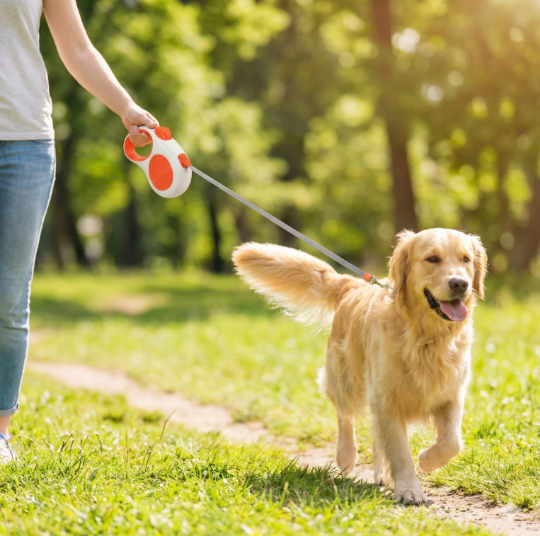 Retractable Dog Leash – 16.5 ft Automatic Walking Lead with One-Hand Brake Lock & Anti-Tangle Nylon Tape – Heavy-Duty 55 lb Capacity – Ideal for Small to Medium Dogs (White & Orange) - Image 3