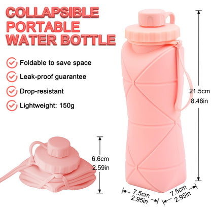 Collapsible Silicone Water Bottle 600ML – Foldable, Leak-Proof, BPA-Free, Portable Outdoor Sports Bottle with Carrying Strap – Compact Design for Hiking, Gym, Travel (Pink) - Image 2