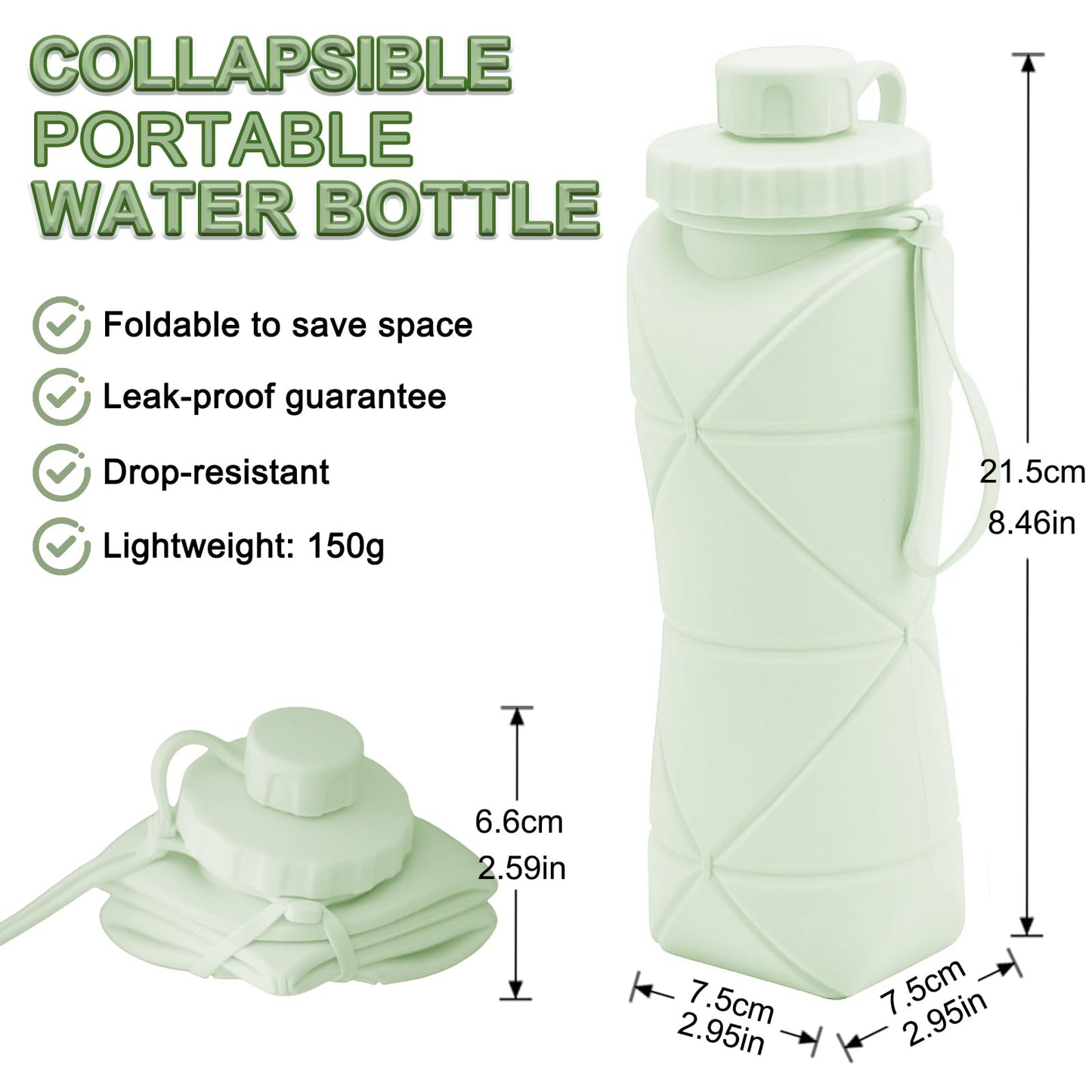 Collapsible Silicone Water Bottle 600ML – Foldable, Leak-Proof, BPA-Free, Portable Outdoor Sports Bottle with Carrying Strap – Compact Design for Hiking, Gym, Travel (Green) - Image 2