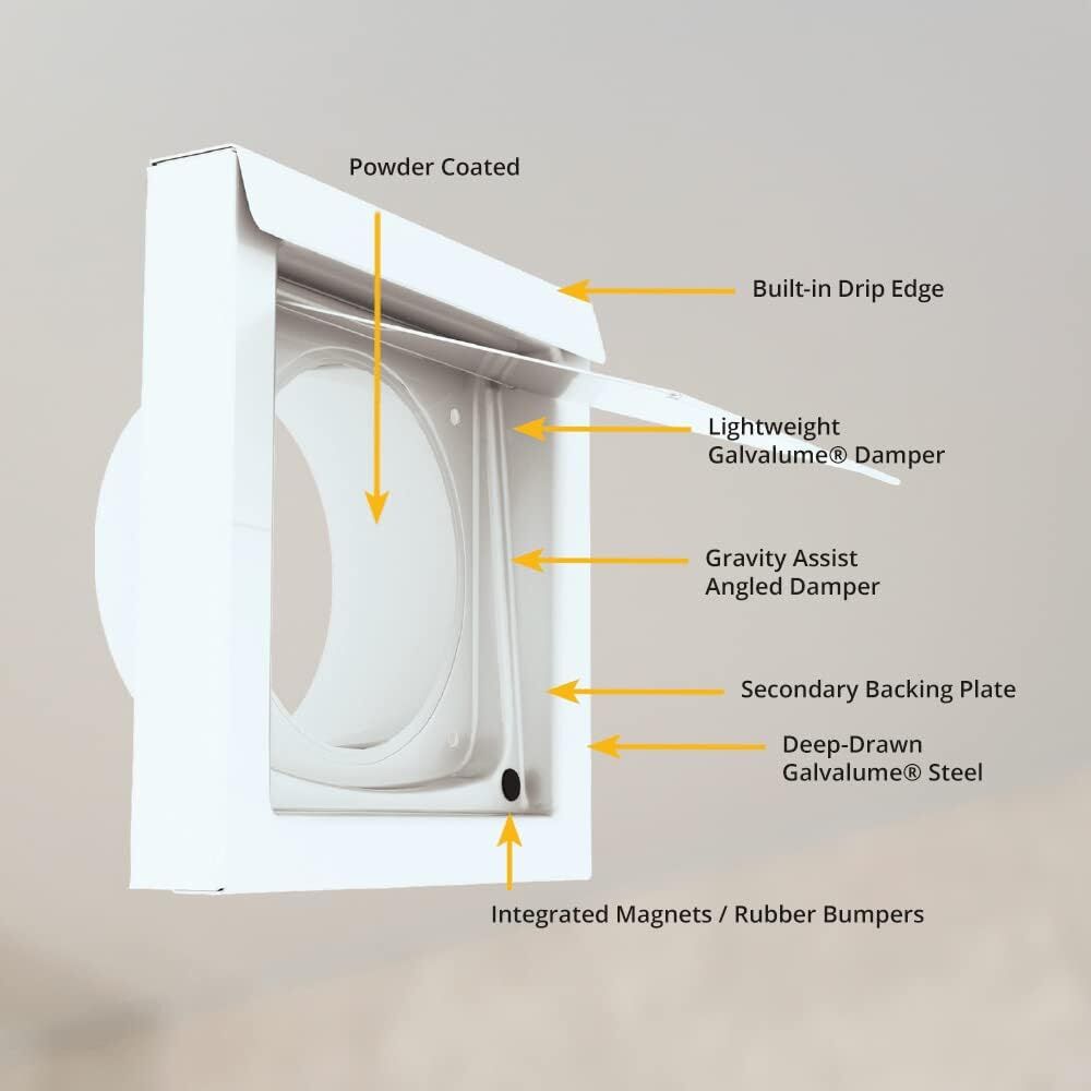 White 4-Inch Dryer Vent Cover – Outdoor Wall Exhaust for Clothes Dryer & Bathroom Fan | Durable Galvalume Steel with Quiet Damper | Other Colours Available In-Store - Image 3