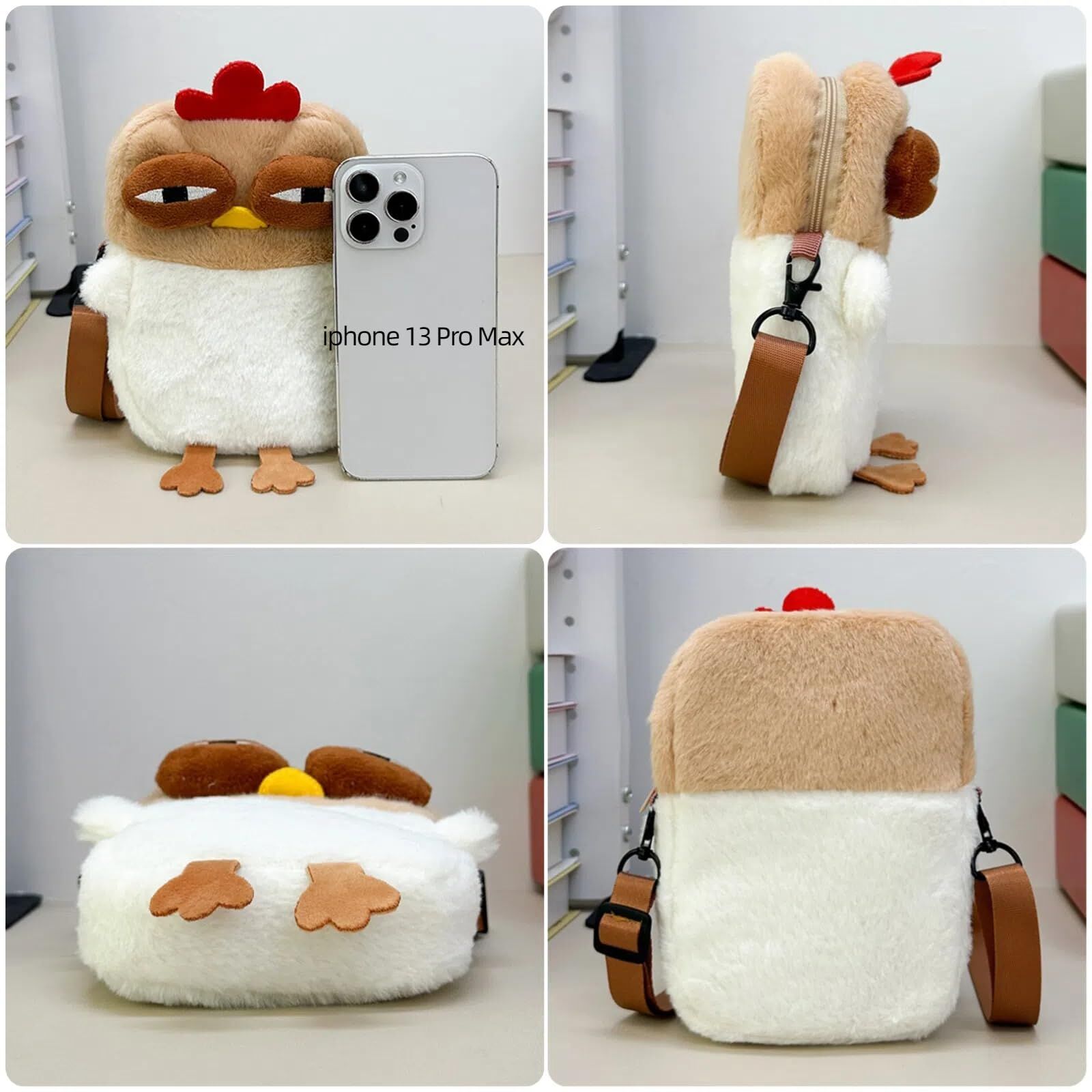 Cute Chicken Plush Crossbody Bag – White & Brown Kawaii Animal Backpack for Kids & Girls | Fun Gift Idea - Image 3