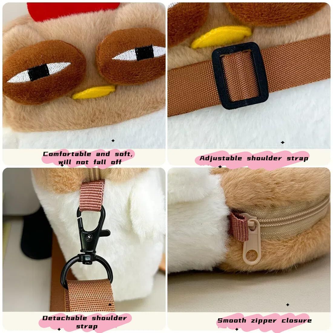 Cute Chicken Plush Crossbody Bag – White & Brown Kawaii Animal Backpack for Kids & Girls | Fun Gift Idea - Image 4