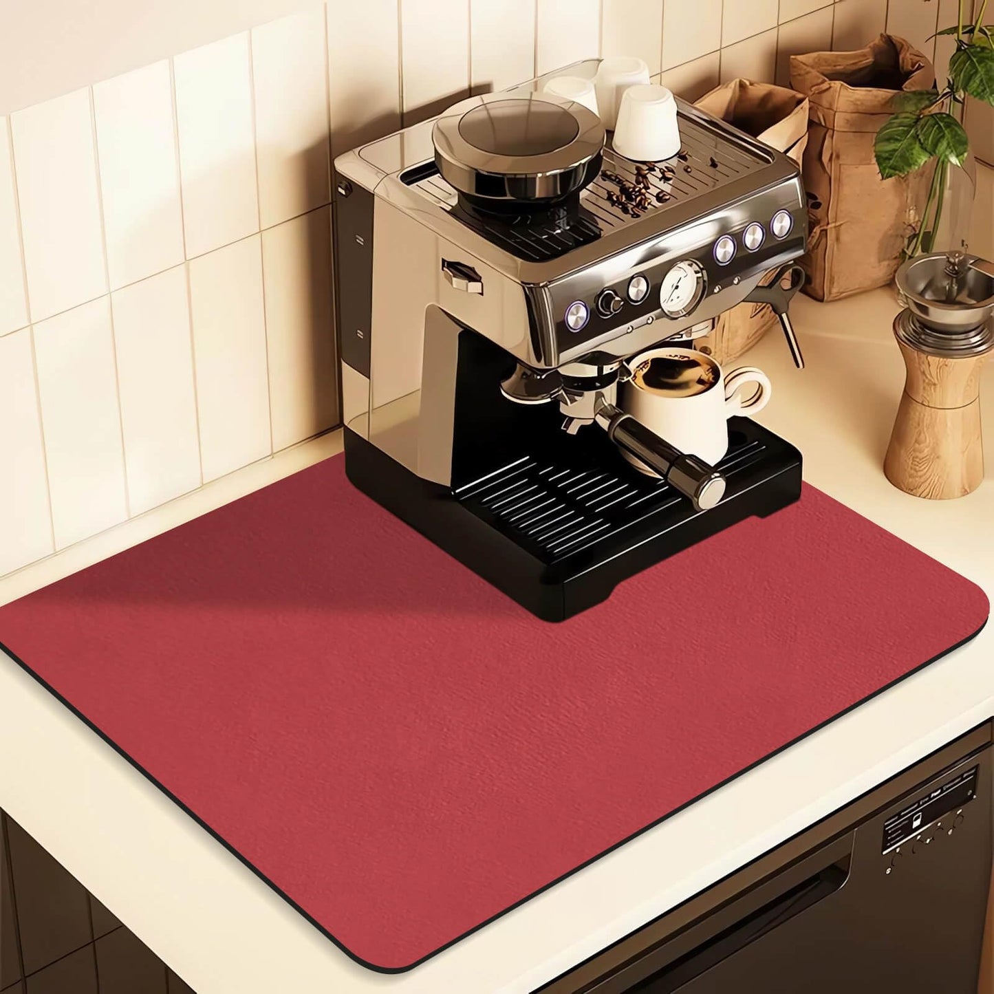 Kitchen Counter Mat for Coffee Maker – Absorbent & Quick-Dry Bar Pad with Non-Slip Backing, Protective Surface for Espresso Machine, Dish Drying Mat (Red,40*50cm)