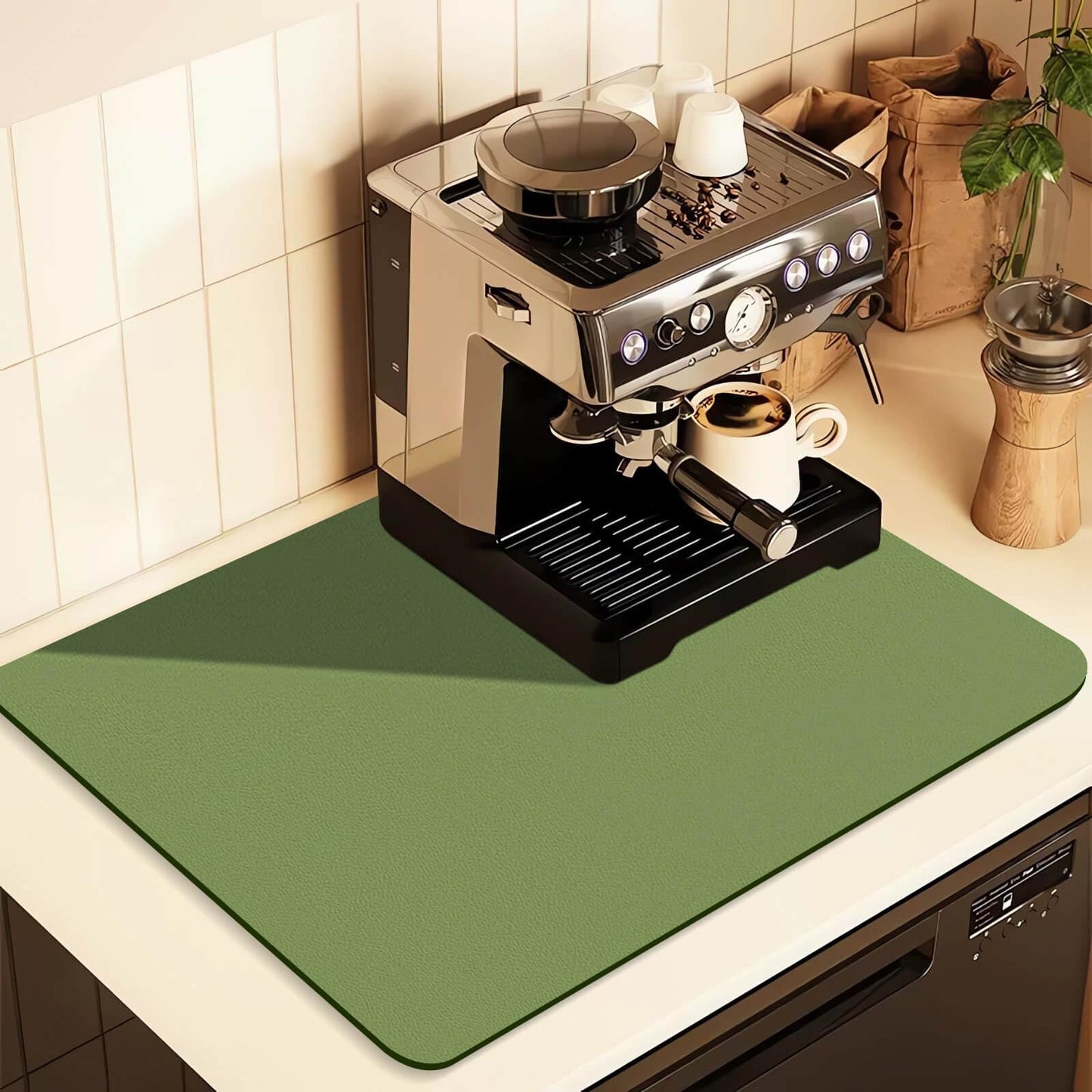 Kitchen Counter Mat for Coffee Maker – Absorbent & Quick-Dry Bar Pad with Non-Slip Backing, Protective Surface for Espresso Machine, Dish Drying Mat (Green,40*60cm)