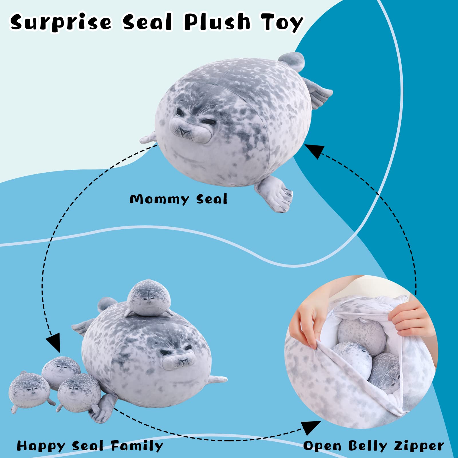 Gray Chubby Seal Plush Pillow with 4 Baby Seals Inside: Soft Stuffed Animal for Kids, Hug Pillow & Room Decor – Perfect Gift for Children - Image 2