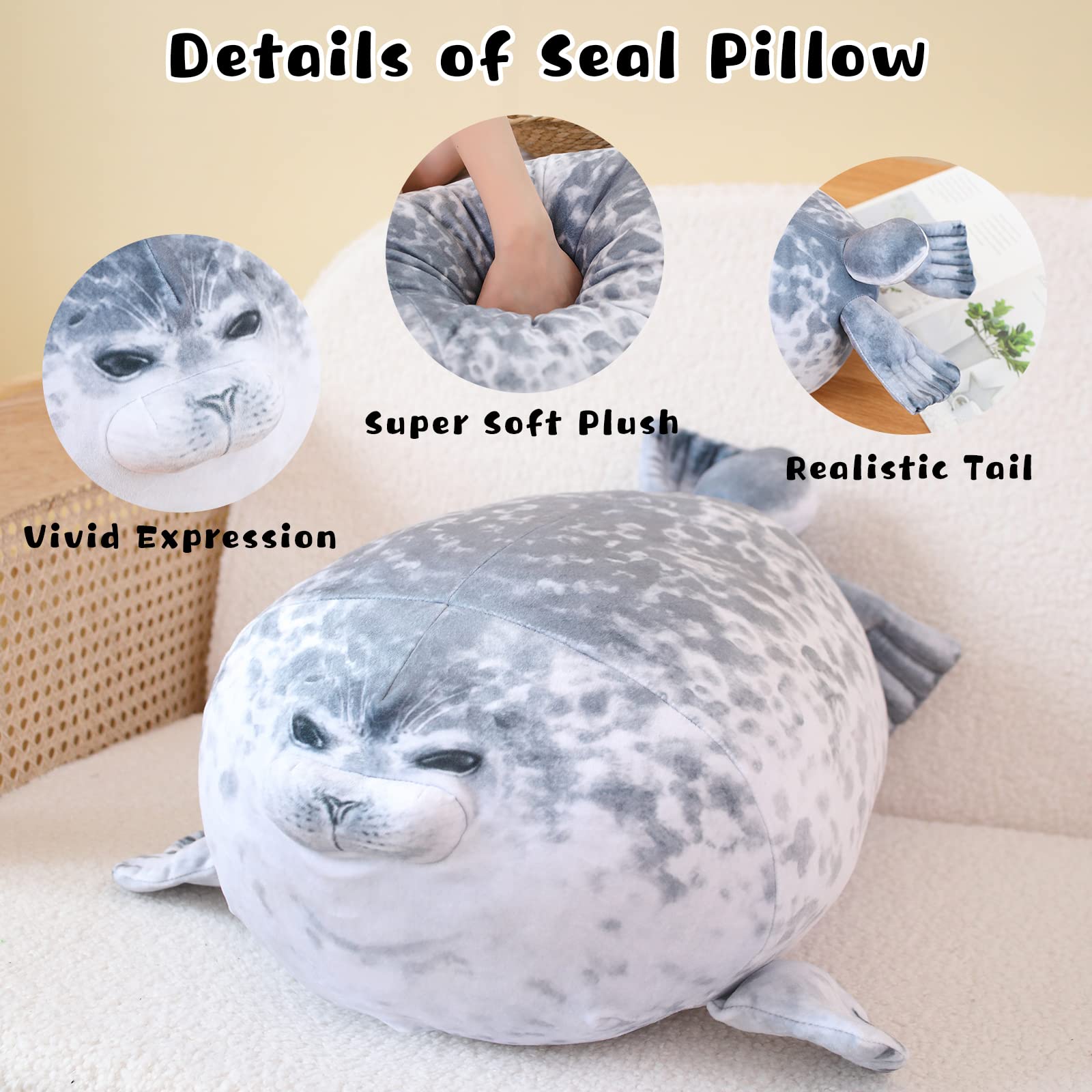 Gray Chubby Seal Plush Pillow with 4 Baby Seals Inside: Soft Stuffed Animal for Kids, Hug Pillow & Room Decor – Perfect Gift for Children - Image 4