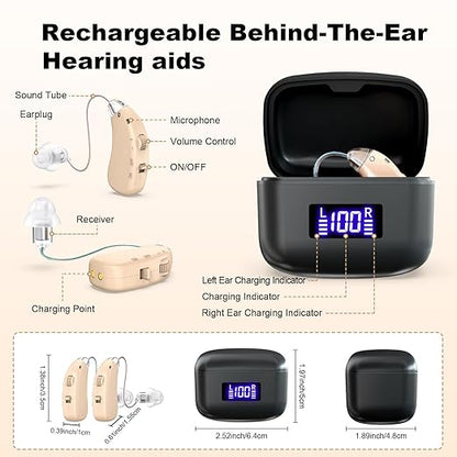 Rechargeable Behind-the-Ear Hearing Aids with Charging Case – Lightweight & Invisible Sound Amplifier for Seniors (Black Case, Skin Tone Device) - Image 2