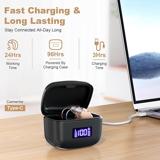 Rechargeable Behind-the-Ear Hearing Aids with Charging Case – Lightweight & Invisible Sound Amplifier for Seniors (Black Case, Skin Tone Device) - Image 3