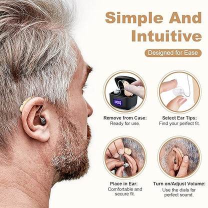 Rechargeable Behind-the-Ear Hearing Aids with Charging Case – Lightweight & Invisible Sound Amplifier for Seniors (Black Case, Skin Tone Device) - Image 5