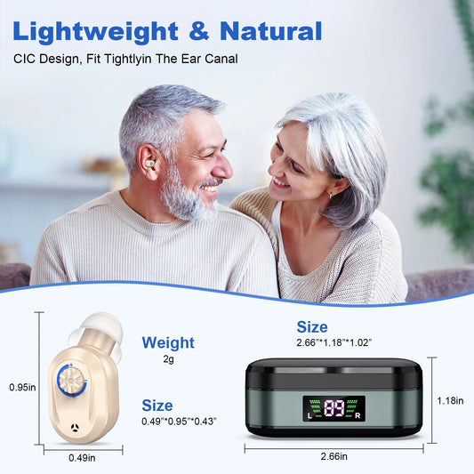 Rechargeable In-the-Ear Hearing Aids with Charging Case and LCD Display – Ultra-Compact Sound Amplifier for Seniors (Black & Green Case, Skin Tone Device) - Image 3