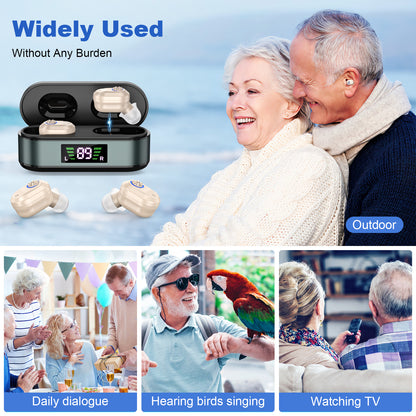 Rechargeable In-the-Ear Hearing Aids with Charging Case and LCD Display – Ultra-Compact Sound Amplifier for Seniors (Black & Green Case, Skin Tone Device) - Image 6