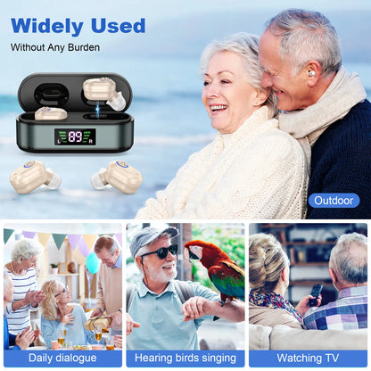 Rechargeable In-the-Ear Hearing Aids with Charging Case and LCD Display – Ultra-Compact Sound Amplifier for Seniors (Black & Green Case, Skin Tone Device) - Image 6