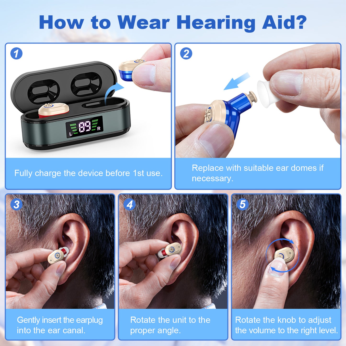 Rechargeable In-the-Ear Hearing Aids with Charging Case and LCD Display – Ultra-Compact Sound Amplifier for Seniors (Black & Green Case, Red & Blue Device) - Image 5