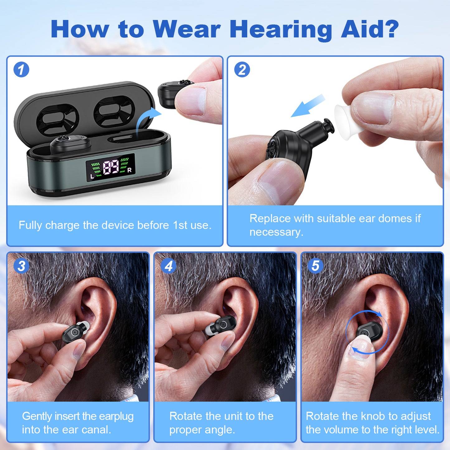 Rechargeable In-the-Ear Hearing Aids with Charging Case and LCD Display – Ultra-Compact Sound Amplifier for Seniors (Black & Green Case, Black Device) - Image 5