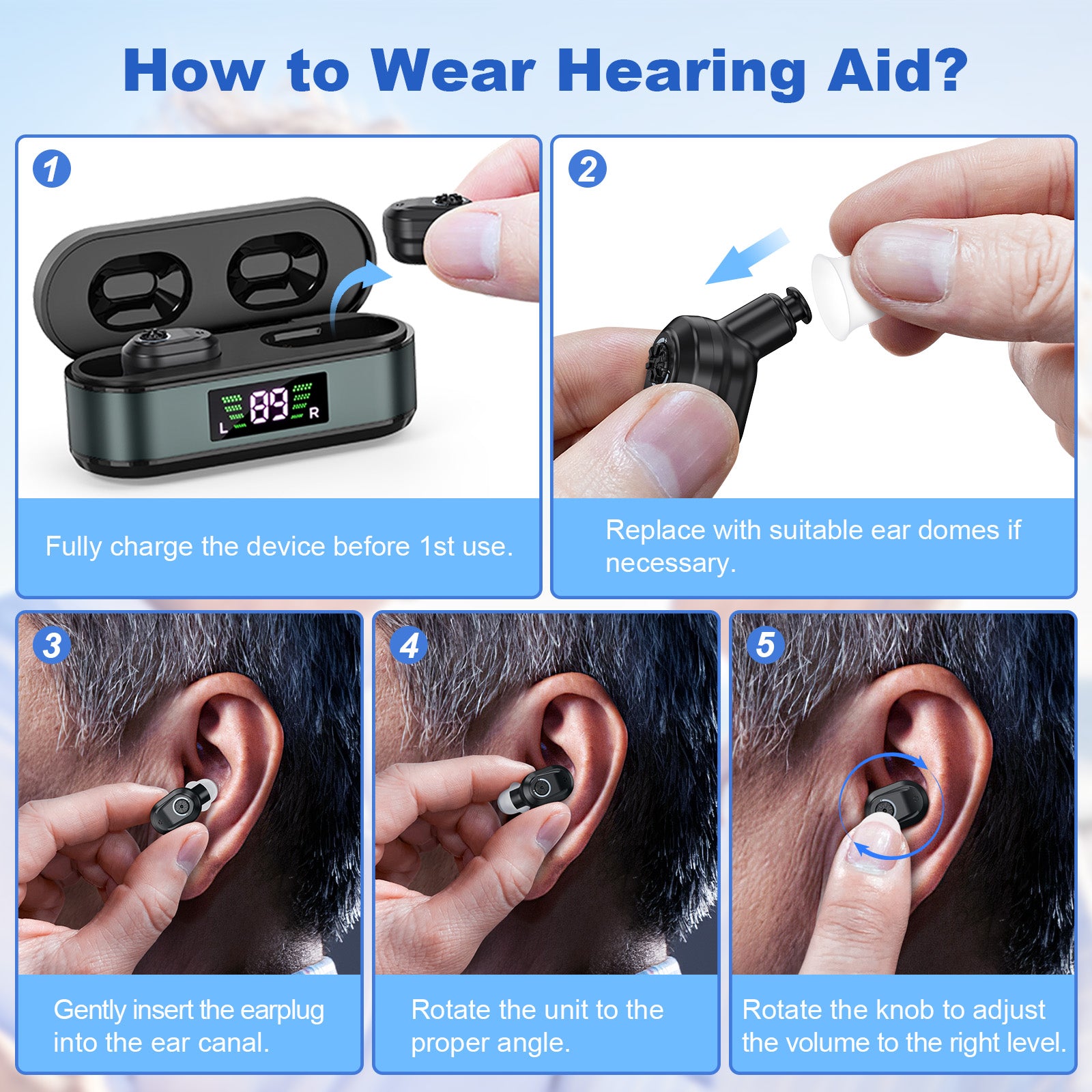 Rechargeable In-the-Ear Hearing Aids with Charging Case and LCD Display – Ultra-Compact Sound Amplifier for Seniors (Black & Green Case, Black Device) - Image 5