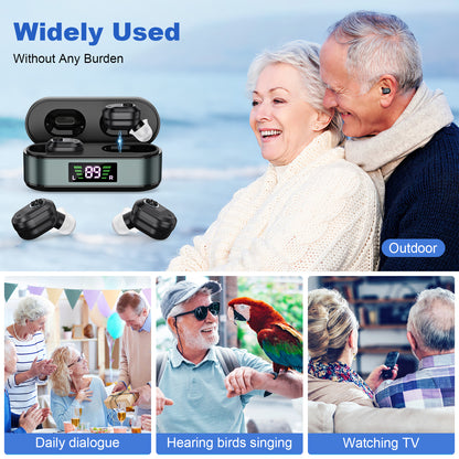 Rechargeable In-the-Ear Hearing Aids with Charging Case and LCD Display – Ultra-Compact Sound Amplifier for Seniors (Black & Green Case, Black Device) - Image 6