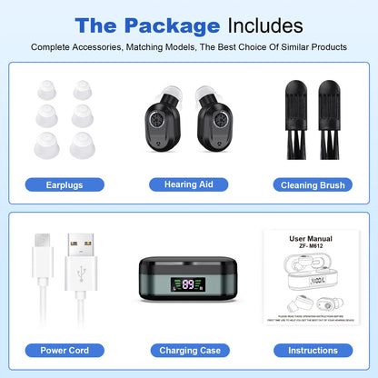 Rechargeable In-the-Ear Hearing Aids with Charging Case and LCD Display – Ultra-Compact Sound Amplifier for Seniors (Black & Green Case, Black Device) - Image 8