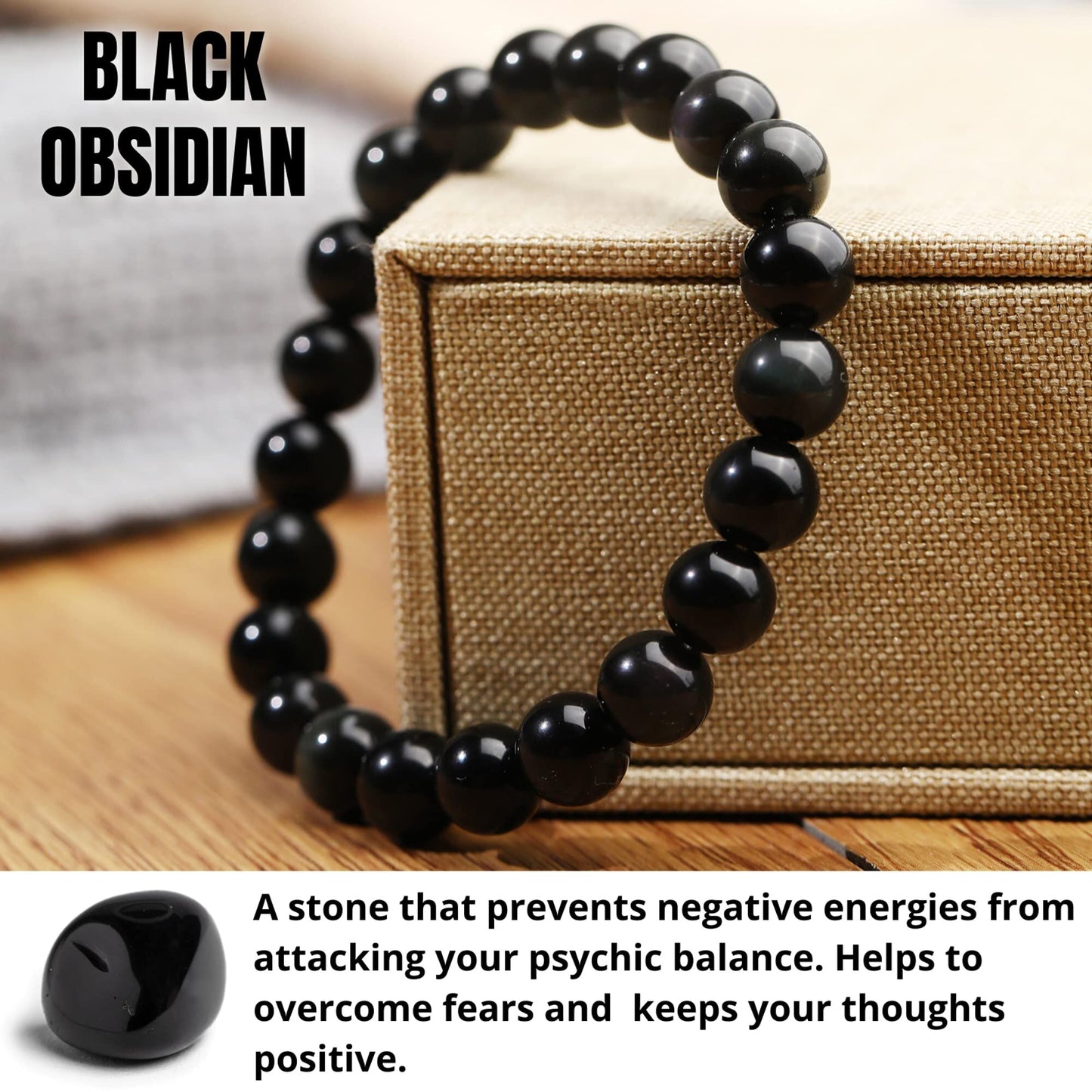 12mm Natural Black Obsidian Beaded Bracelet for Men and Women – Stretchable Healing Crystal Jewelry with Elastic Band, Protective Energy Stone Gift for Birthday, Valentine’s Day, Meditation (Black) - Image 7