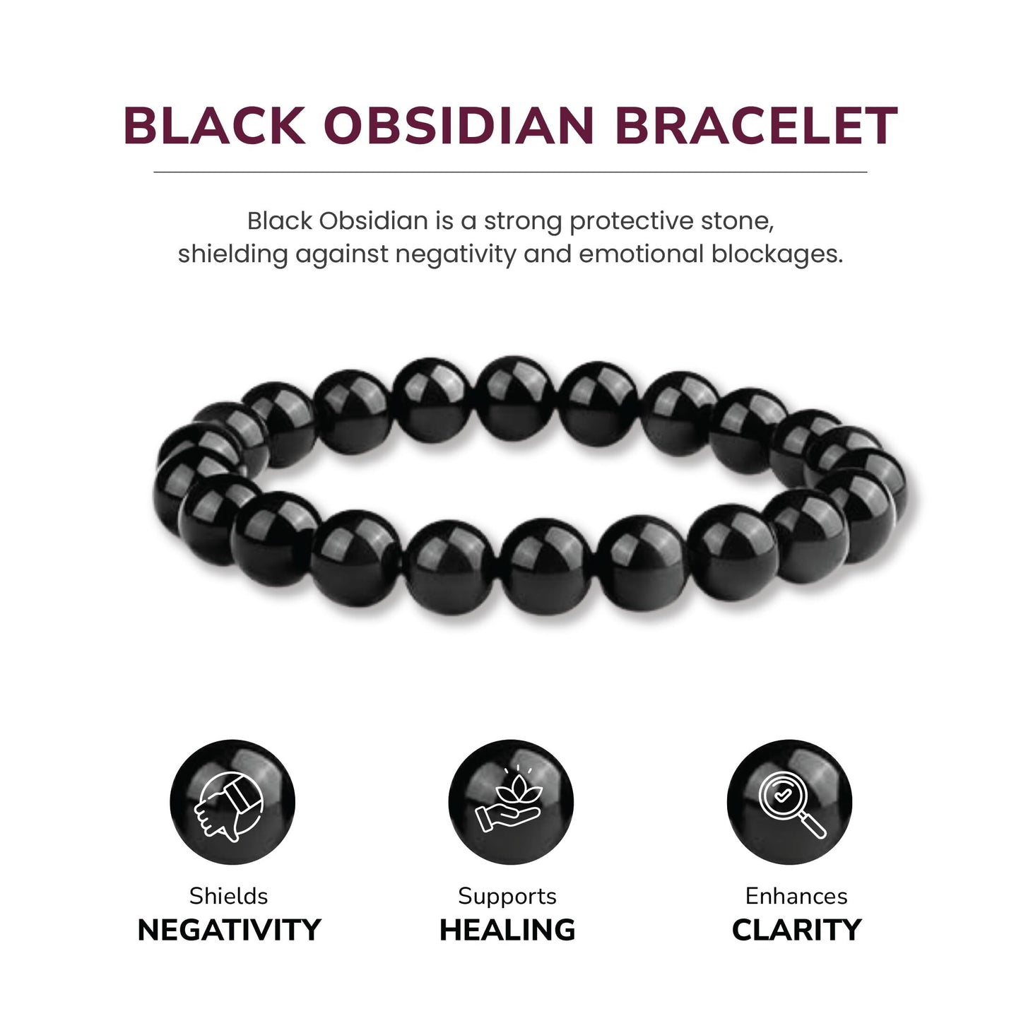 14mm Natural Black Obsidian Beaded Bracelet for Men and Women – Stretchable Healing Crystal Jewelry with Elastic Band, Protective Energy Stone Gift for Birthday, Valentine’s Day, Meditation (Black) - Image 3