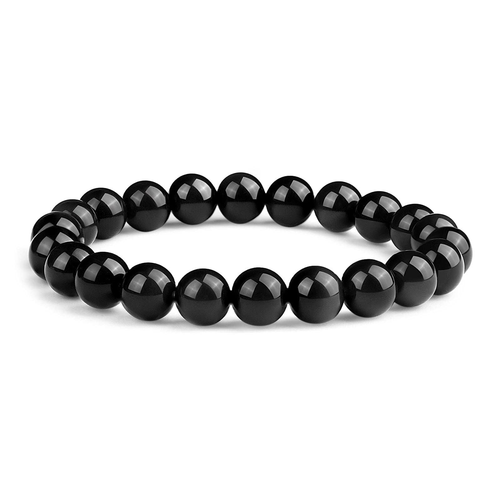 16mm Natural Black Obsidian Beaded Bracelet for Men and Women – Stretchable Healing Crystal Jewelry with Elastic Band, Protective Energy Stone Gift for Birthday, Valentine’s Day, Meditation (Black)