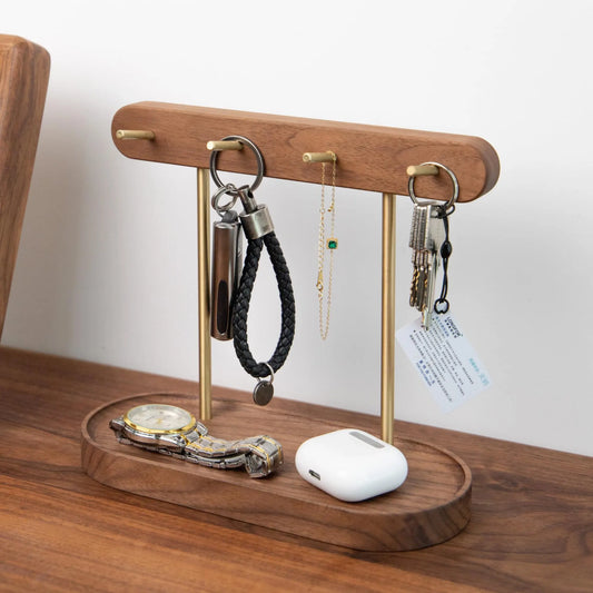 Modern Walnut Wood Key Holder with Brass Hooks – Desktop Organizer for Keys, Jewelry, Watches, and Small Accessories, Compact Design (Walnut) - Image 2
