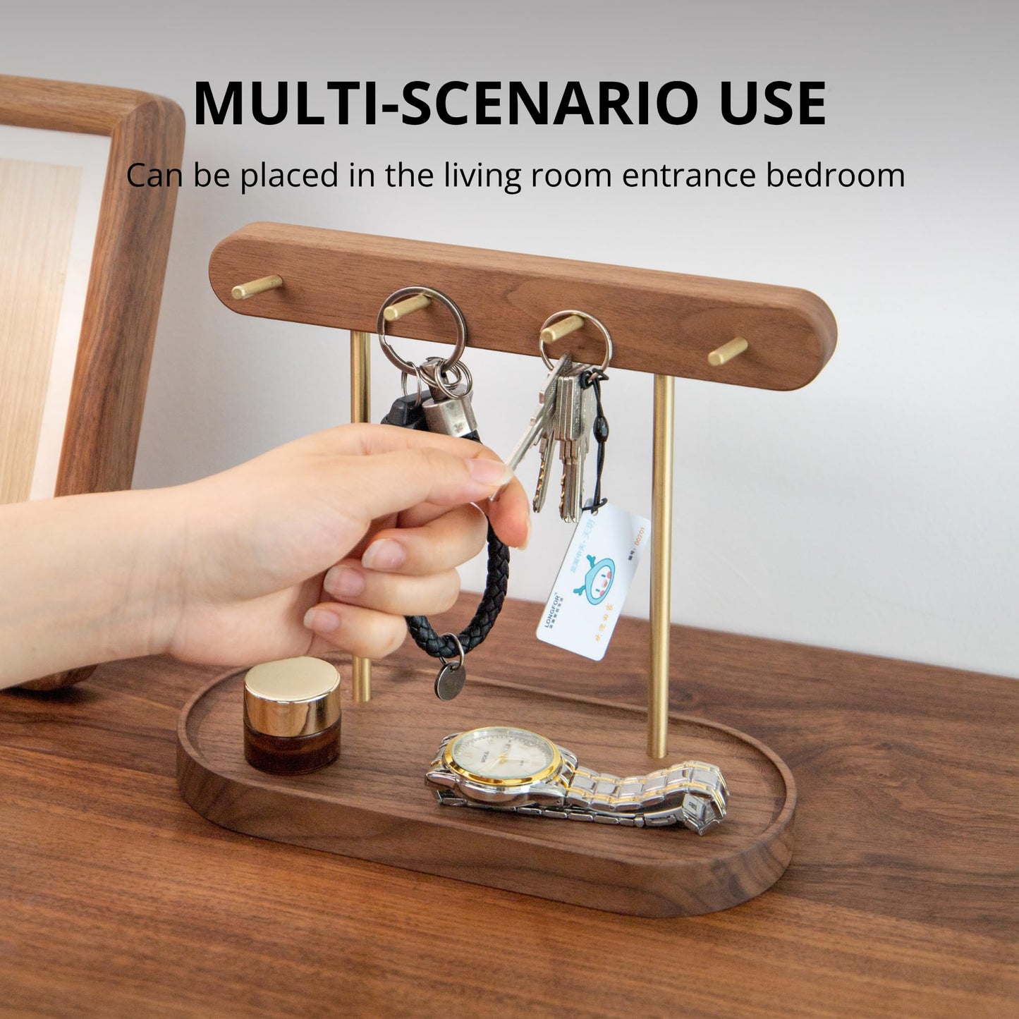 Modern Walnut Wood Key Holder with Brass Hooks – Desktop Organizer for Keys, Jewelry, Watches, and Small Accessories, Compact Design (Walnut) - Image 3