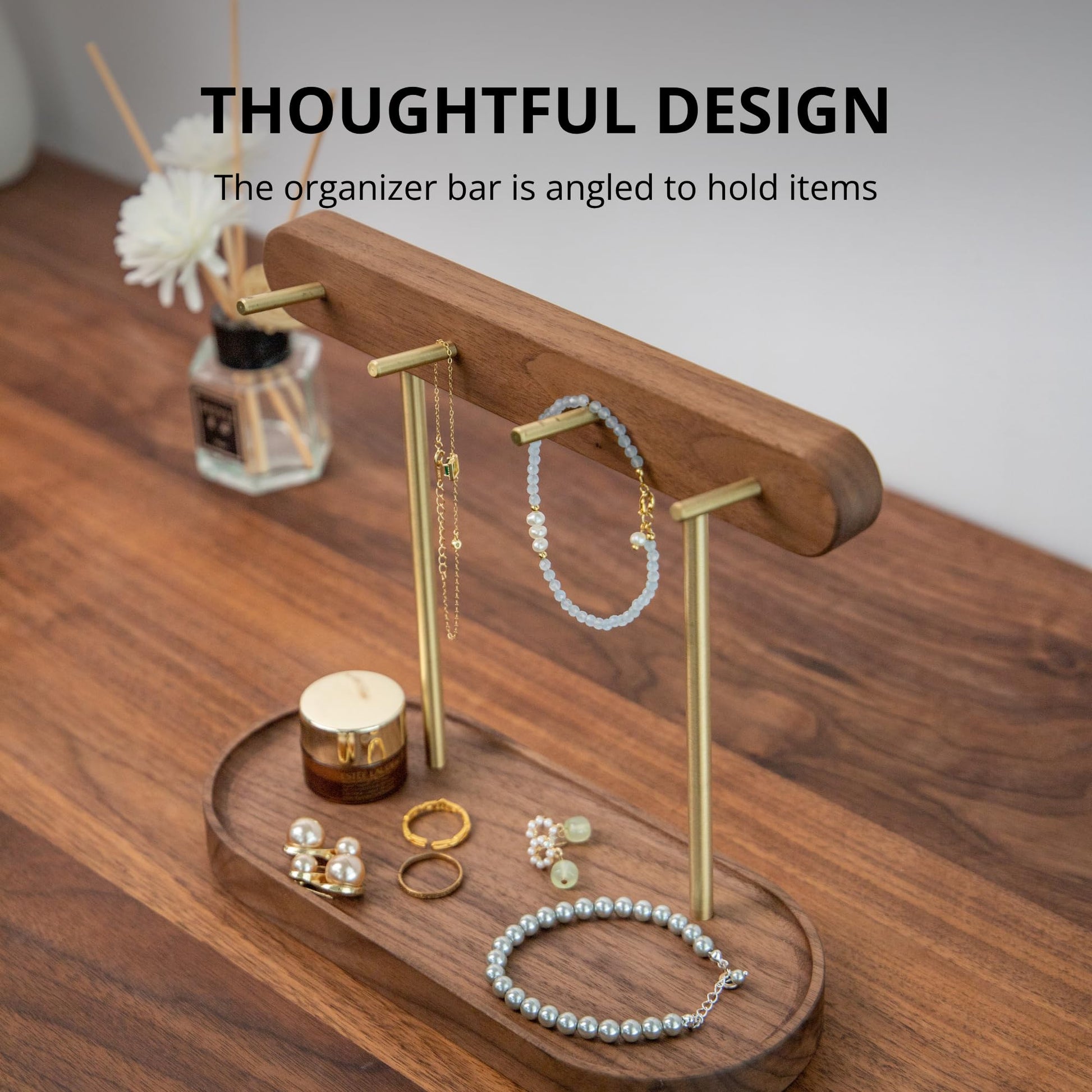 Modern Walnut Wood Key Holder with Brass Hooks – Desktop Organizer for Keys, Jewelry, Watches, and Small Accessories, Compact Design (Walnut) - Image 5