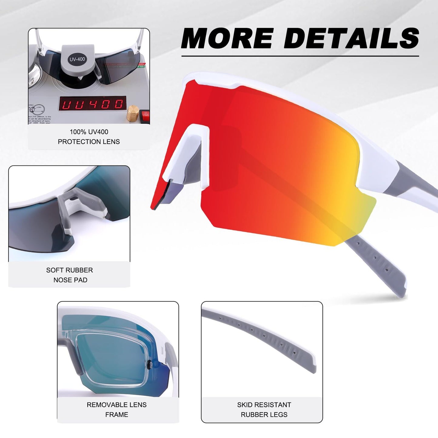 High-End Polarized Sports Sunglasses for Men Women – UV400 Protection, Anti-Fog, Lightweight TR90 Frame, Removable Lens, Ideal for Cycling, Running, Fishing, Golf (White & Red) - Image 5